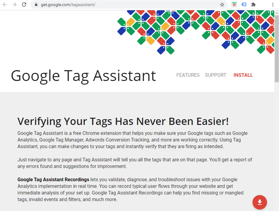 wykorzystanie wtyczki do przeglądarki Chrome o nazwie Google Tag Assistant