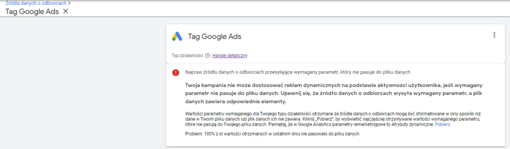 Tagi remarketingowe Google Ads - przykład komunikatu problemu