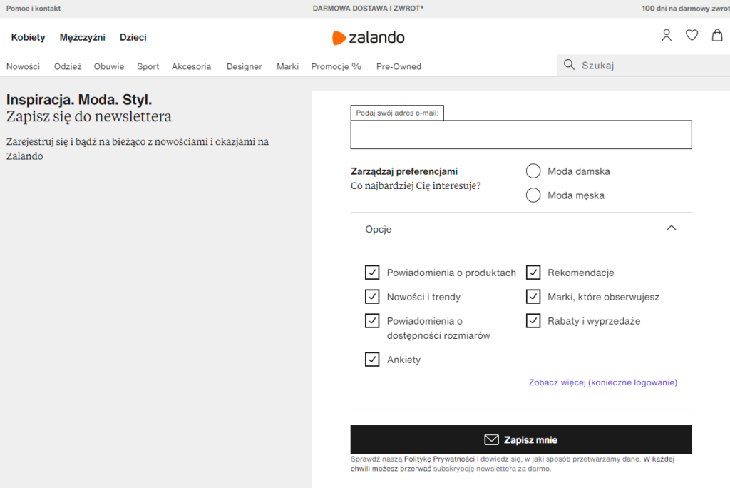 opcje newslettera zalando