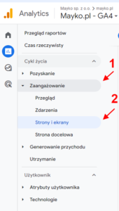 Google Analytics - zaangażowanie oraz strony i ekrany