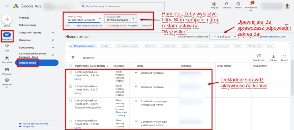 Zweryfikuj historię wprowadzanych zmian na koncie reklamowym Google Ads 