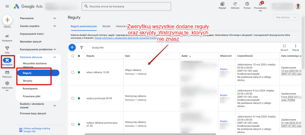Zweryfikuj dodane reguły i skrypty Google Ads