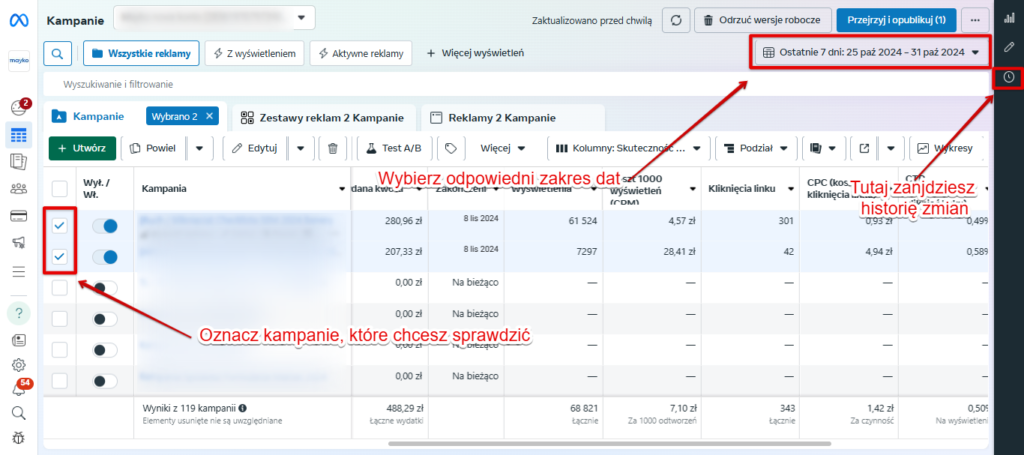 Weryfikowanie historii wprowadzanych zmian na koncie Meta Ads