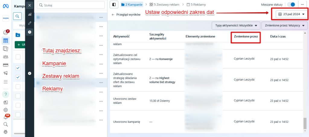 Historia zmian w panelu konta reklamowego Meta Ads