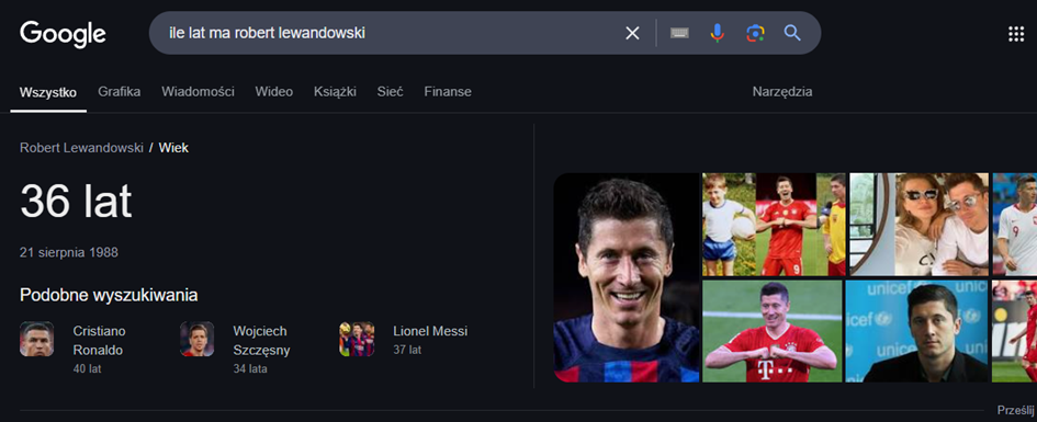 Zdjęcie przedstawia wyniki wyszukiwania w Google na zapytanie o wiek Roberta Lewandowskiego. Od razu pokazuje się odpowiedź na stronie wyników wyszukiwania
